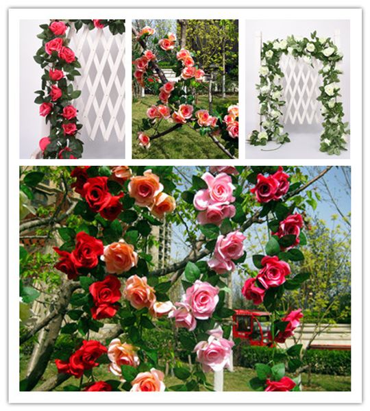 50pcs dhl 245cm wedding decoration artificial fake silk rose flower vine hanging garland wedding home decorative flowers & wreaths