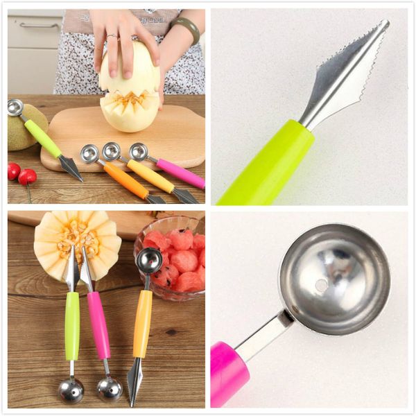 

double head stainless steel watermelon digging ball scoop baller multi-function fruit cutter carving knife diy fruit decoration tools