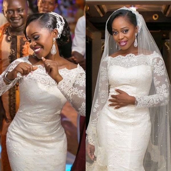 designer mermaid wedding dresses long sleeve off shoulder fitted lace appliques robe de soiree arabic bridal gowns with court train, White
designer mermaid wedding dresses long sleeve off shoulder fitted lace appliques robe de soiree arabic bridal gowns with court train, White