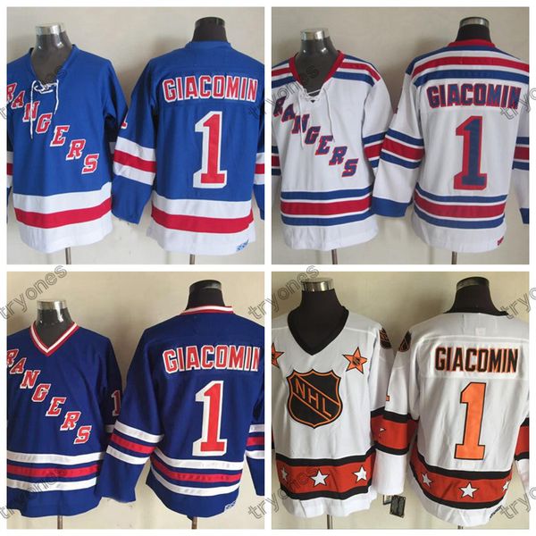

1980 all-star vintage new york rangers eddie giacomin hockey jerseys mens #1 eddie giacomin stitched hockey shirts m-xxxl, Black;red