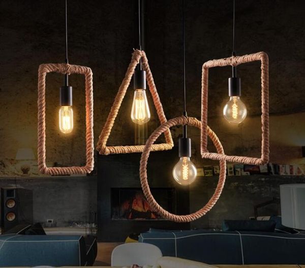 

loft retro iron rope creative pendant light personality art bar restaurant lamp pastoral geometry pendant lamp