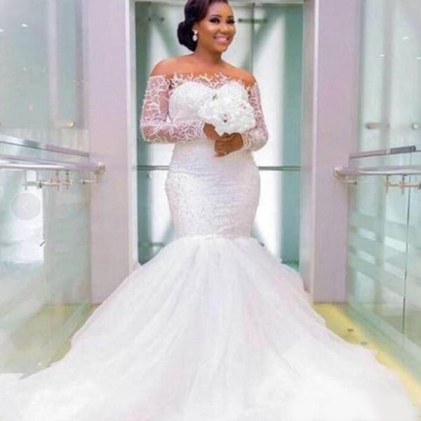 off the shoulder wedding dresses african long sleeves lace appliques plus size wedding dress back lace up tulle mermaid bridal gowns, White
off the shoulder wedding dresses african long sleeves lace appliques plus size wedding dress back lace up tulle mermaid bridal gowns, White