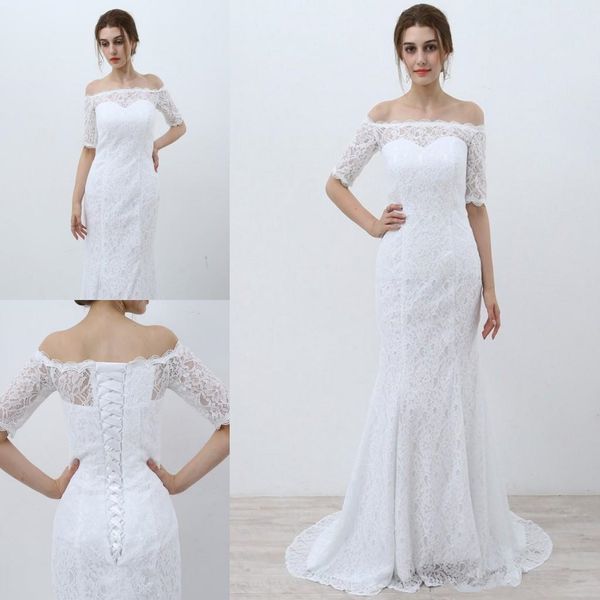 half sleeve full lace wedding dresses off shoulder floor length mermaid long 2019 new simple design bridal gowns tie up back custom size, White
half sleeve full lace wedding dresses off shoulder floor length mermaid long 2019 new simple design bridal gowns tie up back custom size, White