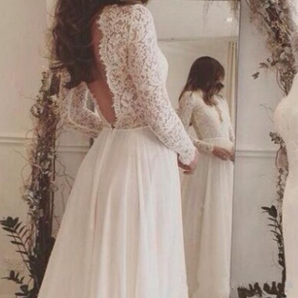 2019 new long sleeves sweep train backless country bridal gowns deep v neck custom 2017 charming lace chiffon beach wedding dresses, White
2019 new long sleeves sweep train backless country bridal gowns deep v neck custom 2017 charming lace chiffon beach wedding dresses, White
