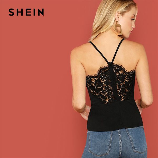 

shein black solid v-strap lace back peplum slim fit cami 2018 summer party casual women vest, White