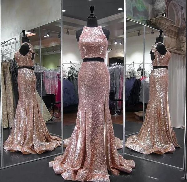 sequined mermaid prom dresses jewel sleeveless high split two piece party dresses sheath hollow back cocktail dress, Black
sequined mermaid prom dresses jewel sleeveless high split two piece party dresses sheath hollow back cocktail dress, Black