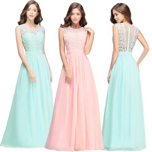 

Real Image 4 Colors Cheap Bridesmaid Dresses Lace Top Chiffon Skirt Jewel Neck Sleeveless Floor Length Maid of Honor Gown IN STOCK CPS489