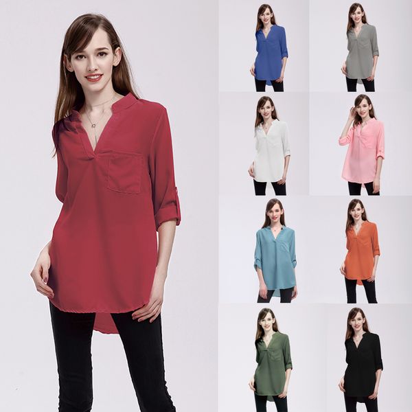 european women summer style v neck single pocket long casual plus size s- 5xl half sleeves fashion chiffon blouse shirts, White
european women summer style v neck single pocket long casual plus size s- 5xl half sleeves fashion chiffon blouse shirts, White