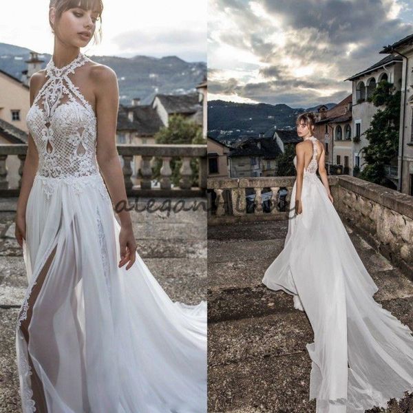 julie vino 2018 high slits wedding dresses bohemia lace appliqued halter jewel neck bridal gowns chiffon beach wedding dress, White
julie vino 2018 high slits wedding dresses bohemia lace appliqued halter jewel neck bridal gowns chiffon beach wedding dress, White