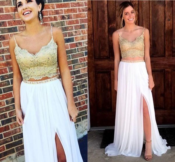 white gold two piece evening dresses 2019 v neck spaghetti straps lace chiffon beading split long prom dresses sweep train, Black;red
white gold two piece evening dresses 2019 v neck spaghetti straps lace chiffon beading split long prom dresses sweep train, Black;red