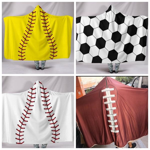 

200*150cm Baseball Football Sherpa Towel Softball Blanket Sports Theme Hooded Cape Soccer Bathing Towel Swadding Blankets GGA780 6PCS