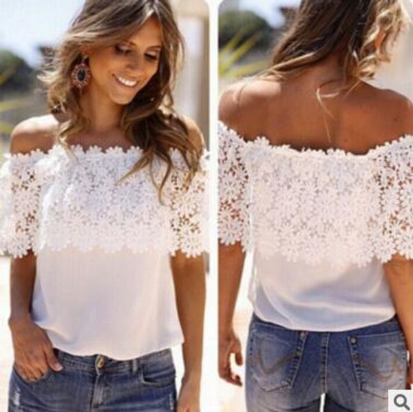 women summer slash neck shoulder lace crochet lace chiffon strapless chiffon shirt short sleeved t-shirt, White
women summer slash neck shoulder lace crochet lace chiffon strapless chiffon shirt short sleeved t-shirt, White