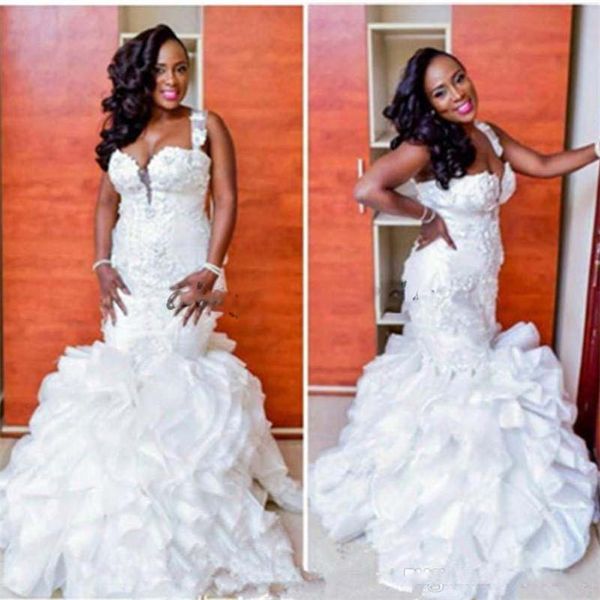 african plus size wedding dresses sweetheart ruffles lace appliques mermaid wedding dress sleeveless zipper back beads arabic bridal gowns, White
african plus size wedding dresses sweetheart ruffles lace appliques mermaid wedding dress sleeveless zipper back beads arabic bridal gowns, White