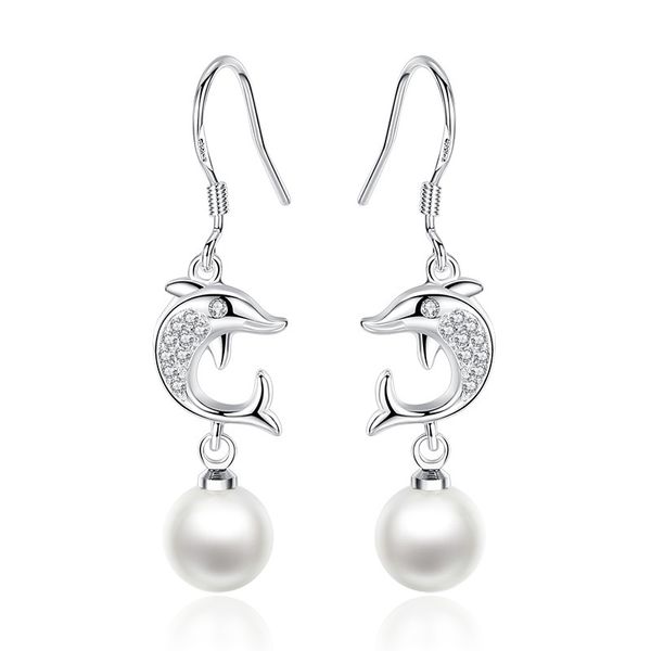 

100% 925 sterling silver fashion imitation pearl dolphin animal crystal ladies`drop earrings jewelry women anti allergy gift