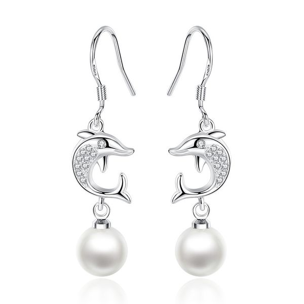 

100% 925 sterling silver fashion imitation pearl dolphin animal crystal ladies`drop earrings jewelry women anti allergy gift