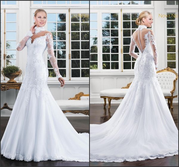 veistidos de noiva 2018 mermaid wedding dresses high jewel neck long sleeves lace appliqued illusion button back bridal gowns wedding dress, White
veistidos de noiva 2018 mermaid wedding dresses high jewel neck long sleeves lace appliqued illusion button back bridal gowns wedding dress, White