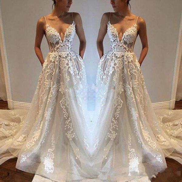 lace wedding dresses with pockets deep v-neck court train applique pleats spaghetti strap sheer bridal gowns vestido de novia 2019 w262, White
lace wedding dresses with pockets deep v-neck court train applique pleats spaghetti strap sheer bridal gowns vestido de novia 2019 w262, White