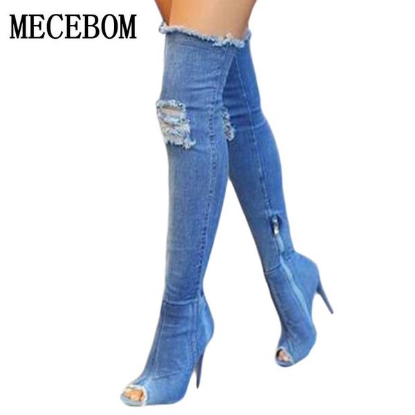 2018 new fashion women hole denim high heels over the knee boots spring summer peep toe thigh high boots botas n15w, Black
2018 new fashion women hole denim high heels over the knee boots spring summer peep toe thigh high boots botas n15w, Black
