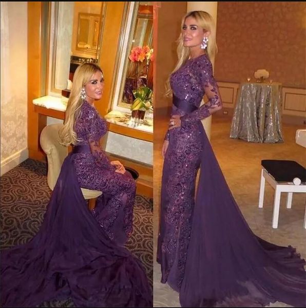 2017 purple full lace beads long sleeves evening dresses arabic muslim evening gowns with detachable train sheer long prom dresses formal, Black;red