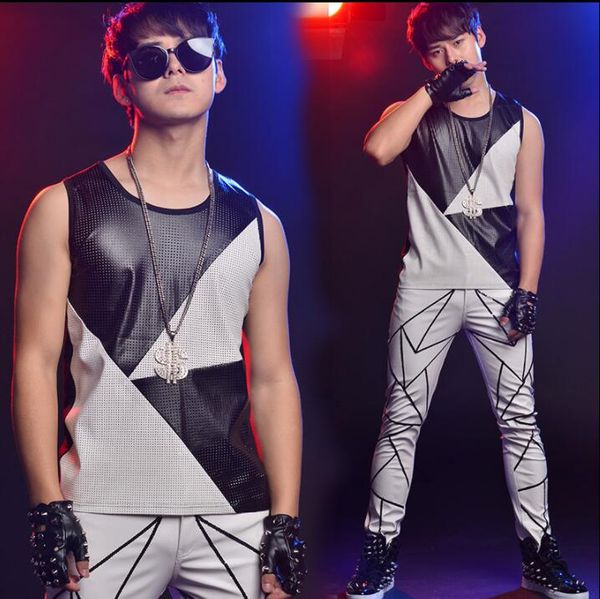 original men vest stitching punching personalized singer dance stage street star style sleeveless white black leather clothing, Black;white
original men vest stitching punching personalized singer dance stage street star style sleeveless white black leather clothing, Black;white