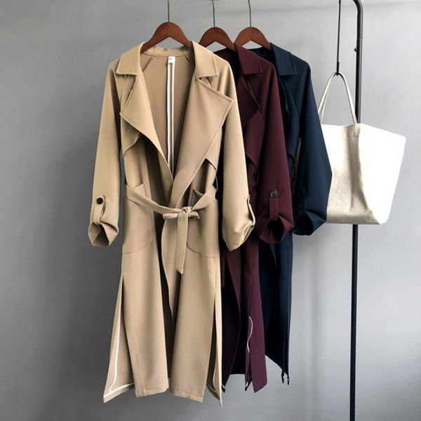 

autumn long length fashion trench coat women simple long sleeve slim belt adjustable waist casaco feminino sobretudo feminino, Tan;black