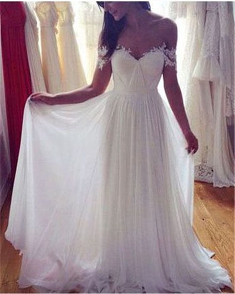 a-line sheer off the shoulder ruched chiffon short sleeves long simple wedding dress with lace applique bridal dress floor length, White
a-line sheer off the shoulder ruched chiffon short sleeves long simple wedding dress with lace applique bridal dress floor length, White