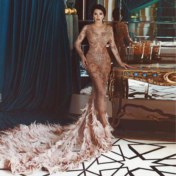 long sleeve mermaid celebrity dresses see though applique prom dresses long train with feather invisible zipper back evening dress, Black
long sleeve mermaid celebrity dresses see though applique prom dresses long train with feather invisible zipper back evening dress, Black