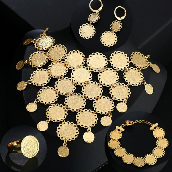 New exquisite Bridal wedding Gold Color Muslim Coin Necklace Earrings Ring Bracelet Set Middle East Arab Jewelry gift
New exquisite Bridal wedding Gold Color Muslim Coin Necklace Earrings Ring Bracelet Set Middle East Arab Jewelry gift
