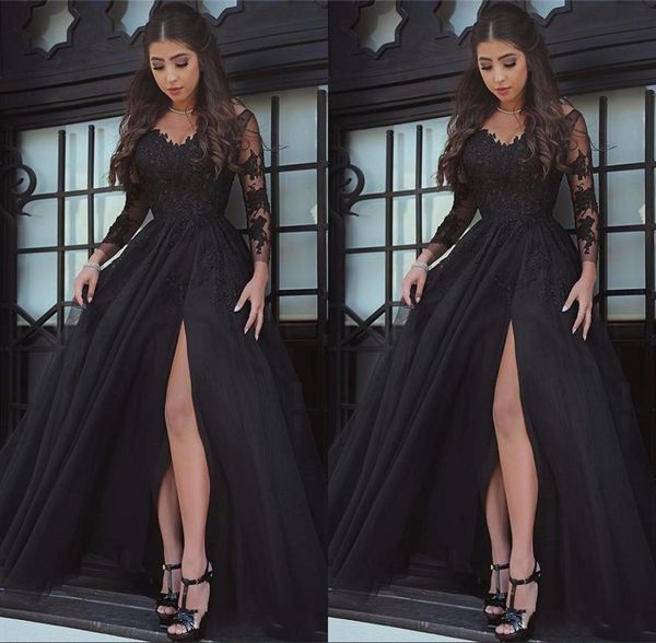 2019 black long sleeves evening prom dresses front split floor length evening gowns custom made, Black;red
2019 black long sleeves evening prom dresses front split floor length evening gowns custom made, Black;red