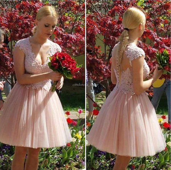 

2018 Pink Short Homecoming Dresses V Neck Knee Length Illusion Bodice Appliques Mini Prom Party Gowns Cocktail Dress Vestidos De Fiesta