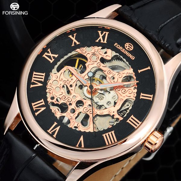 

forsining fashion brand men's casual watches men leather band hand wind skeleton mechanical wirst watches relogio masculino, Slivery;brown