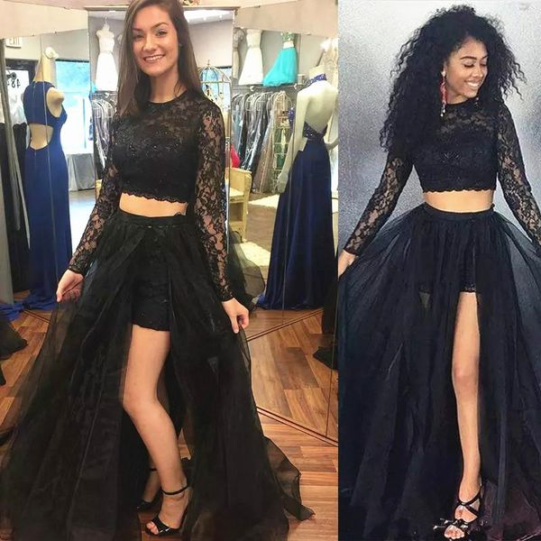 two pieces black prom dress long sleeve black lace tulle skirt side split party gowns sweep train custom size
two pieces black prom dress long sleeve black lace tulle skirt side split party gowns sweep train custom size