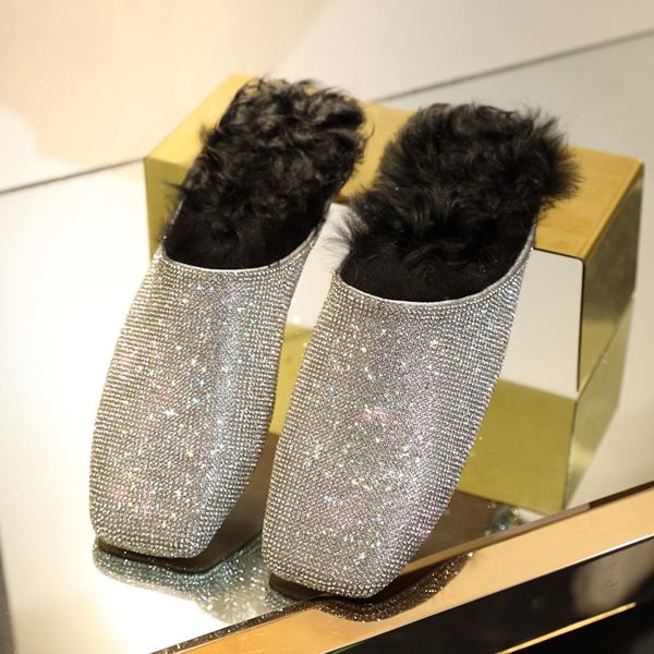 2018 european american autumn winter genuine leather curly wool flats warm slippers square toe crystal rhinestone women shoes, Black
2018 european american autumn winter genuine leather curly wool flats warm slippers square toe crystal rhinestone women shoes, Black