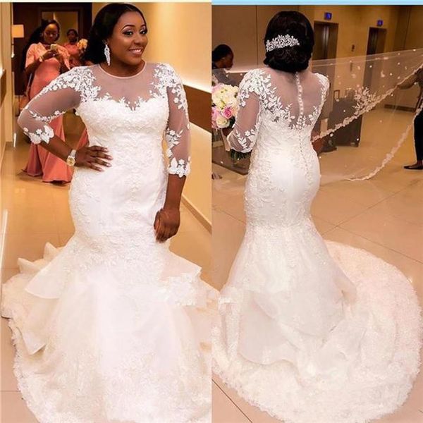plus size mermaid lace wedding dresses 2019 new 3/4 long sleeves african wedding gowns courtl train ruffled tulle sheer bridal gowns w70, White
plus size mermaid lace wedding dresses 2019 new 3/4 long sleeves african wedding gowns courtl train ruffled tulle sheer bridal gowns w70, White