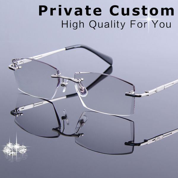 

new tinted lenses myopia and reading glasses diamond cutting rimless prescription glasses for man anti-fatigue spectacles, Silver