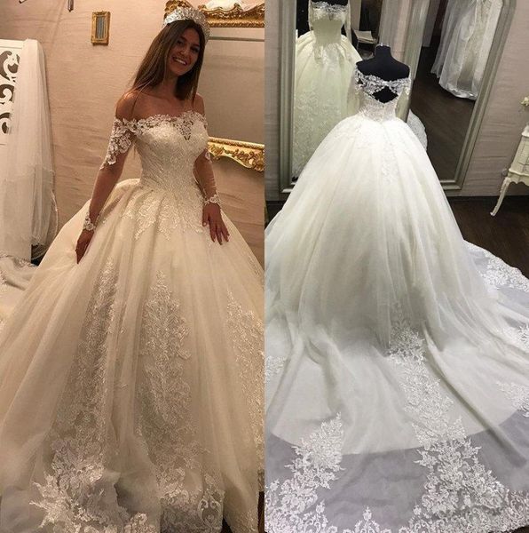 vintage lace ball gown wedding dresses with long sleeve off the shoulder princess bridal gowns tulle court train appliqued vestido de novia, White
vintage lace ball gown wedding dresses with long sleeve off the shoulder princess bridal gowns tulle court train appliqued vestido de novia, White