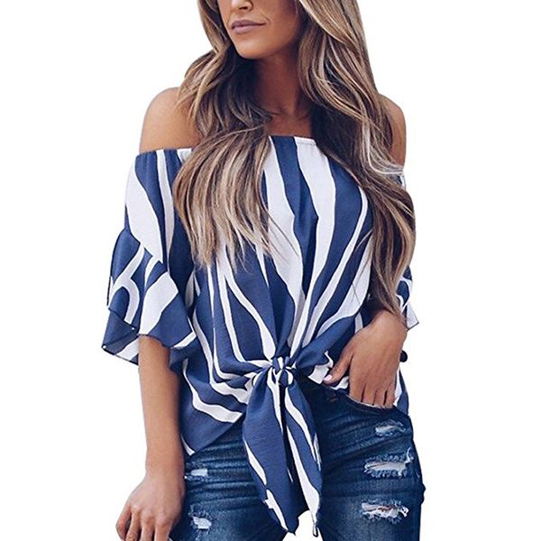 

off shoulder women's tees zebra print puff short sleeve fashion female chiffon t-shirt vertical stripes t-shirt, White