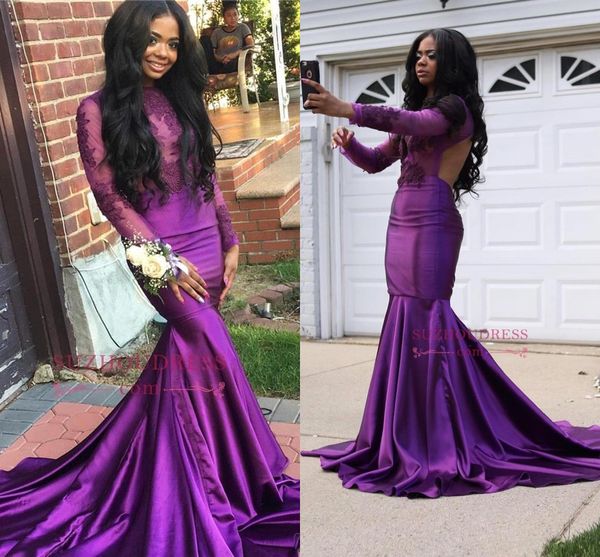 2018 fashion purple lace satin mermaid prom dresses long sleeves backless evening dresses sweep train ba8906, Black
2018 fashion purple lace satin mermaid prom dresses long sleeves backless evening dresses sweep train ba8906, Black
