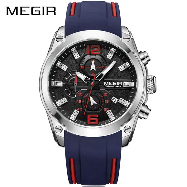 

2018 new megir chronograph men's sport quartz watch fashion silicone strap wrist watches relogio masculino, Slivery;brown