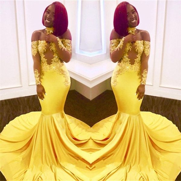 long sleeves off the shoulder bright yellow mermaid evening prom dress with illusion bodice lace appliques robe longue, Black
long sleeves off the shoulder bright yellow mermaid evening prom dress with illusion bodice lace appliques robe longue, Black