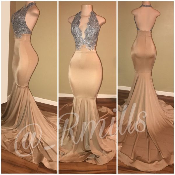 2018 Modern Champagne Prom Dresses Halter Plunging V neck Mermaid Backless Long Evening Gowns With Silver Lace Applique
2018 Modern Champagne Prom Dresses Halter Plunging V neck Mermaid Backless Long Evening Gowns With Silver Lace Applique