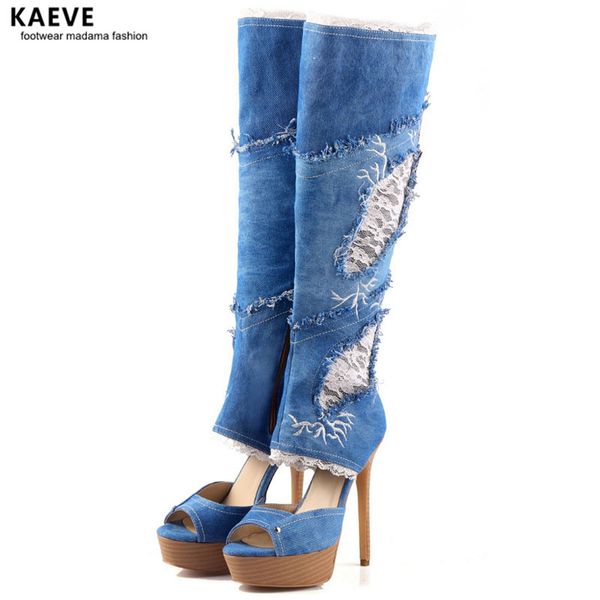 blue denim lace knee high boots women platform wedge heeled open toe lace decor long boot cowboy high heel booty r1 size 43, Black
blue denim lace knee high boots women platform wedge heeled open toe lace decor long boot cowboy high heel booty r1 size 43, Black