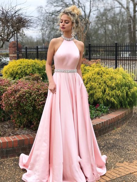 pink halter prom dresses beaded neck satin floor length backless graduation homecoming dresses formal evening party dresses dh4092, Black
pink halter prom dresses beaded neck satin floor length backless graduation homecoming dresses formal evening party dresses dh4092, Black