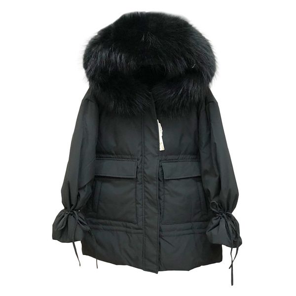 women's down jacket fashion style long bubble sleeve with tie pleated hem raccoon hair collar zippered big pocket pure color outwear co, Black
women's down jacket fashion style long bubble sleeve with tie pleated hem raccoon hair collar zippered big pocket pure color outwear co, Black