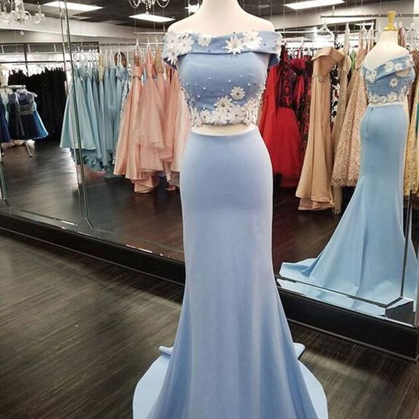 2019 charming two pieces prom dresses off the shoulder mermaid formal dress evening party gowns with appliques flowers pearls crystals, Black
2019 charming two pieces prom dresses off the shoulder mermaid formal dress evening party gowns with appliques flowers pearls crystals, Black