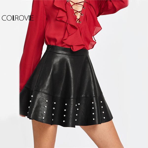 

wholesale-colrovie pu leather flared mini skirt women pearl embellished raw hem black cute skirts 2017 autumn zip side high waist skirt