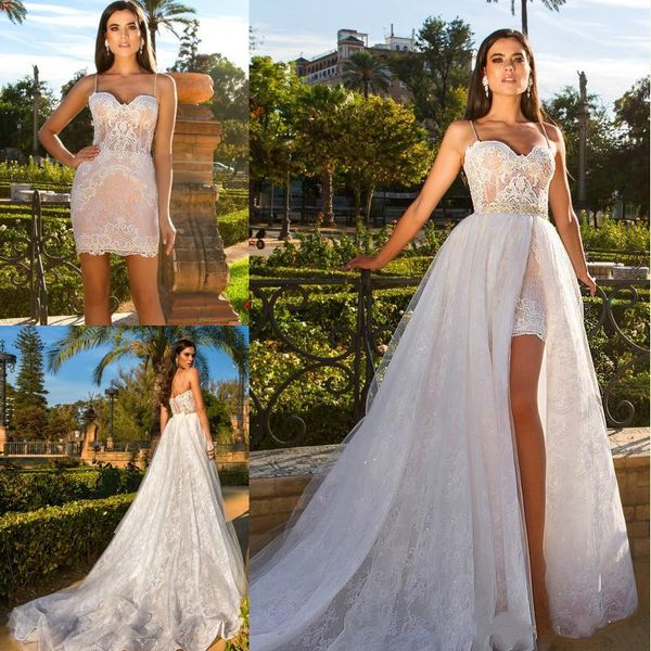 2018 new spaghetti short sheath wedding dresses with detachable overskits split lace applique bridal gowns beach vestidos de noiva, White
2018 new spaghetti short sheath wedding dresses with detachable overskits split lace applique bridal gowns beach vestidos de noiva, White