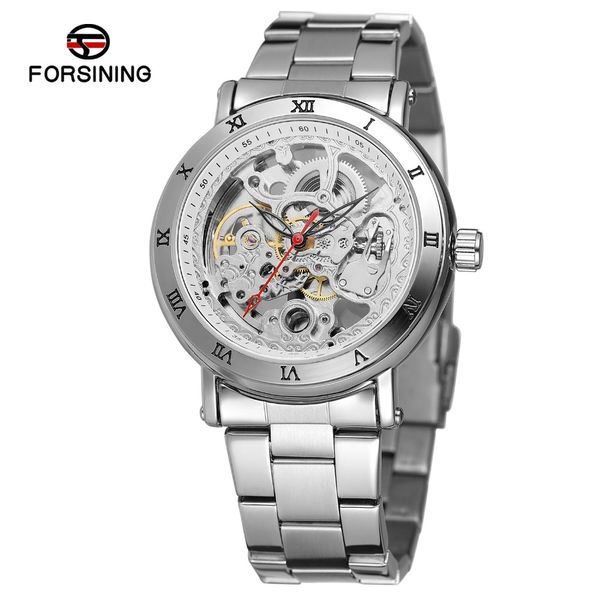 

forsining men's luxury skeleton dial watch automatic movement stainless steel bracelet silver color brand wristwatch fsg8158m4, Slivery;brown