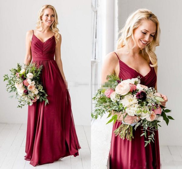 2019 Burgundy Chiffon Long Bridesmaid Dresses With Spaghetti Straps Floor Length Pleated Boho Beach Bridesmaid Party Dresses Evening Dresses