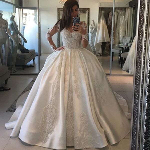 bodice ball gown wedding dresses v-neck long sleeves beads lace appliques bridal dress glamorous dubai satin sweep train wedding gowns, White
bodice ball gown wedding dresses v-neck long sleeves beads lace appliques bridal dress glamorous dubai satin sweep train wedding gowns, White